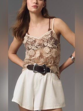 Eva Franco Anthropologie Floral Appliqué Sheer Lace Cami Dainty Top Beige  Sz M